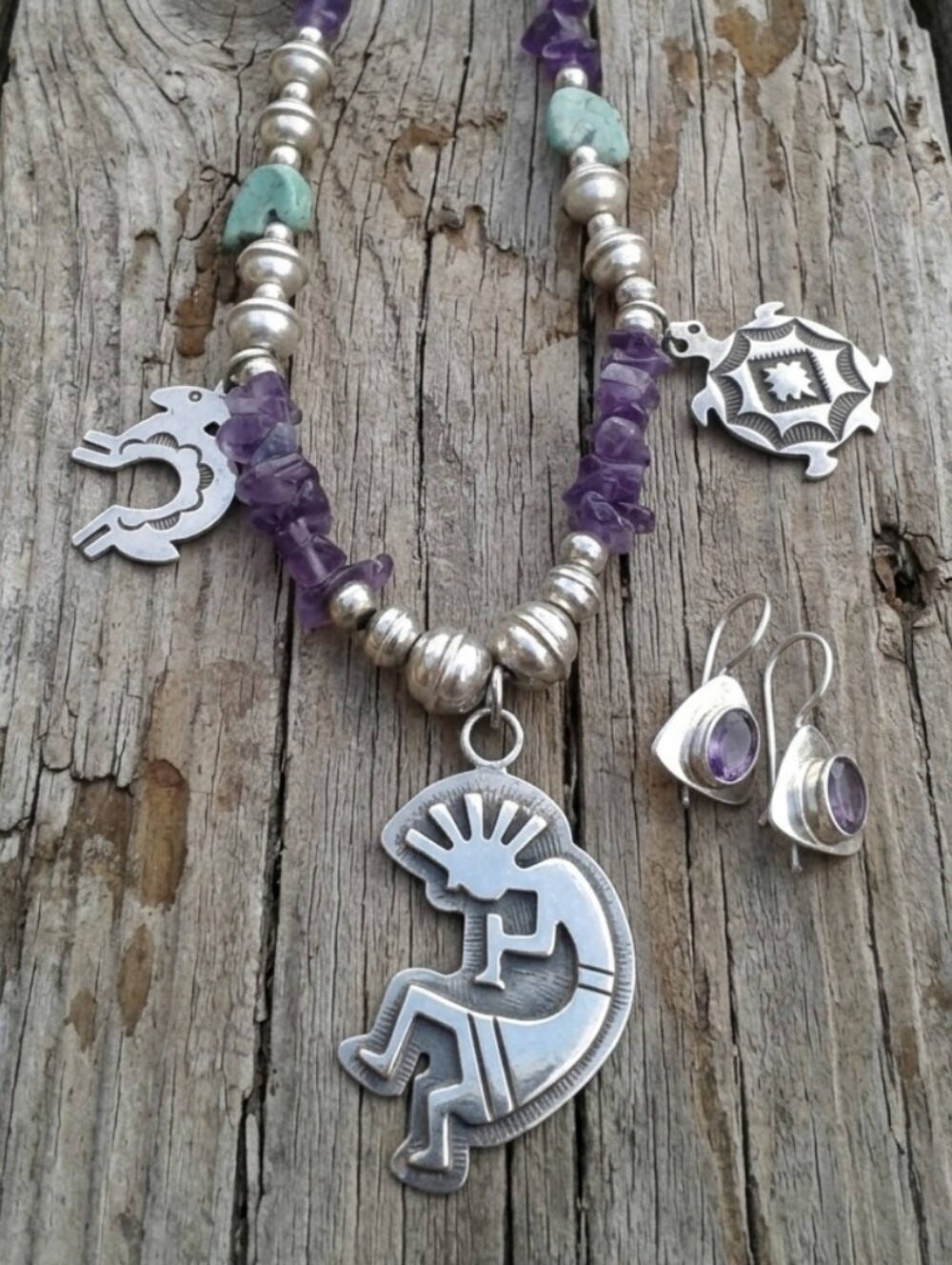 Sterling Silver Amethyst Charm NECKLACE SET